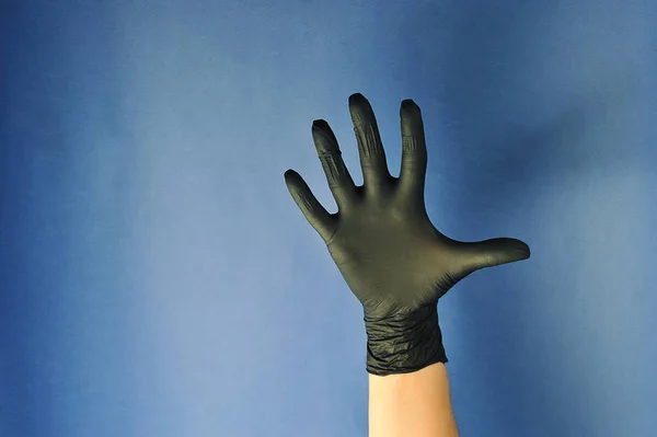 Hands Black Latex Gloves Fingers Wide Apart Gesture Symbolizes Five — Stock Photo, Image