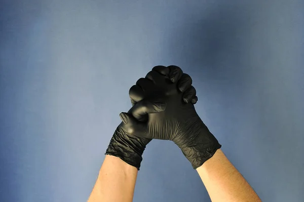 Hands Black Latex Gloves One Hand Lifts Other Gesture Symbolizes — Stock Photo, Image