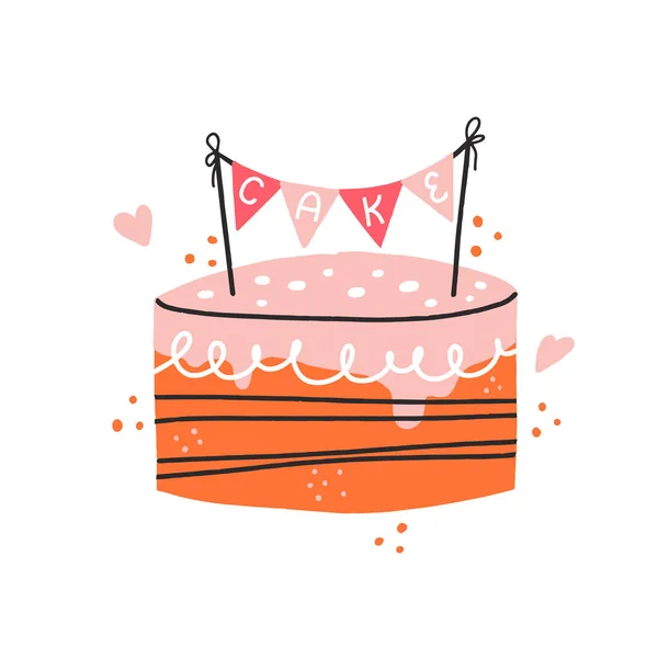 Cake with little flags illustration. Hand drawn vector concept f — ストックベクタ
