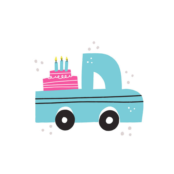 Автомобиль, доставляющий торт со свечами. Векторное изо
