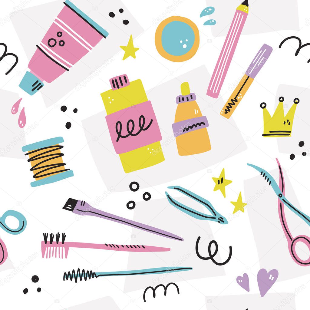 Seamless pattern with different eyebrow tools. HAnd drawn vector