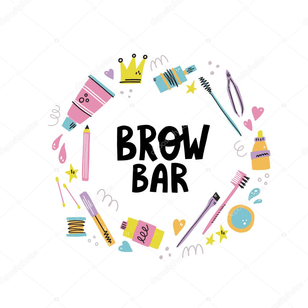 Round vector frame with eyebrow tools with lettering or space for text. Hand drawn concept for brow bar design.