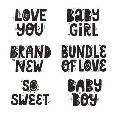 Set of black isolated lettering with abstract decoration for new