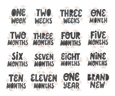 Set of milestone cards with baby age. Newborn textile and sticke