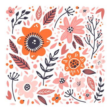 Set of different hand drawn flowers, leaves and berries. Floral 