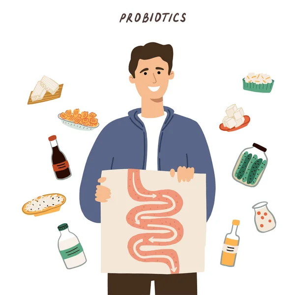 Probiotics food concept. Man prefers food that contains good bac — Stock Vector