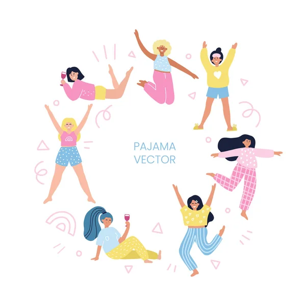 Round frame with girls in pajamas. Hand drawn vector cartoon illustration with the space for text. — Stock Vector