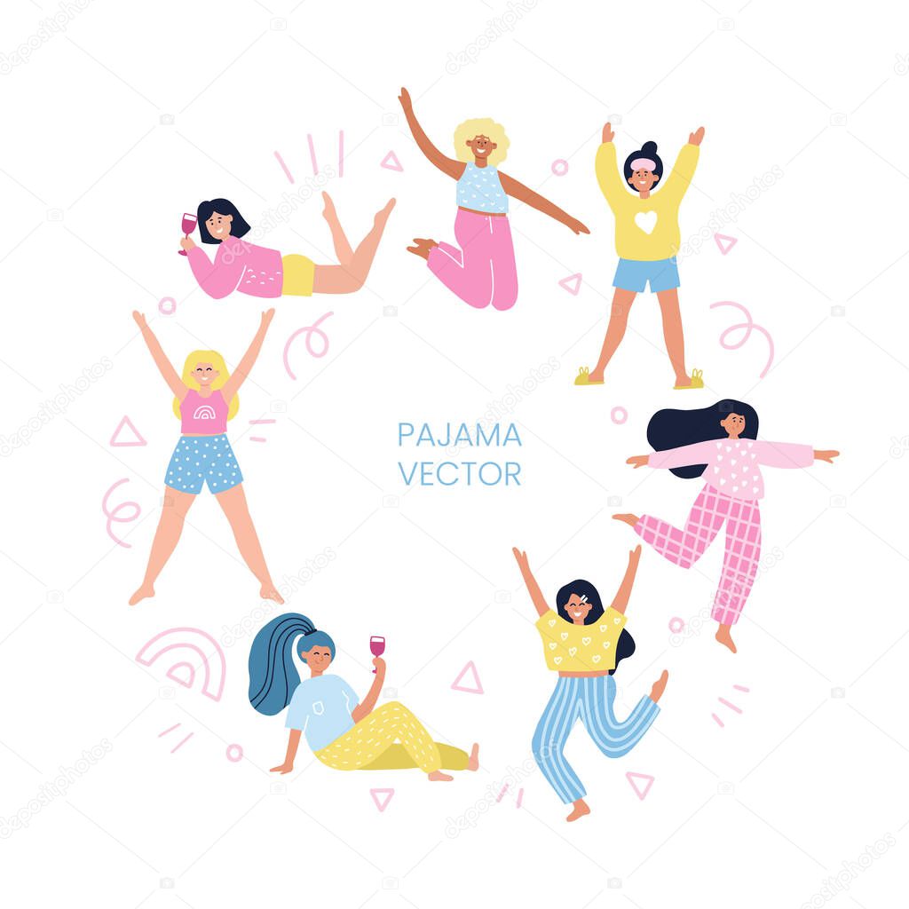 Round frame with girls in pajamas. Hand drawn vector cartoon illustration with the space for text. 