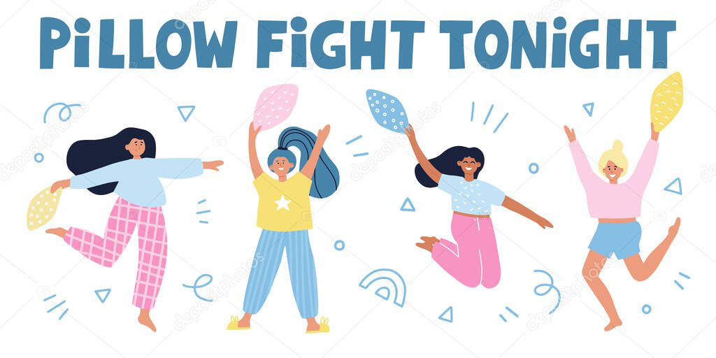 Pillow fight tonight quote. Girls with pillows cartoon illustration. Hand drawn vector concept for banner. 