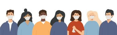 Koronavirüs salgını. Beyaz tıbbi maske takan bir grup insan. Koronavirüs karantinası kavramı. Yazı, afiş için çizilmiş vektör illüstrasyonuName