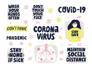 Coronavirus önleme. El çizimi vektör harfleri afiş, el ilanı, çıkartma için. Ellerini yıka, yüzüne ve diğerlerine dokunma. Maskeli ve akciğerleri enfekte olmuş bir kız..