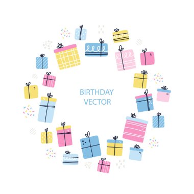 Yuvarlak çerçeve ve hediyeler. Ve vektör çizimi. Kart için mutlu yıllar hediye konsepti