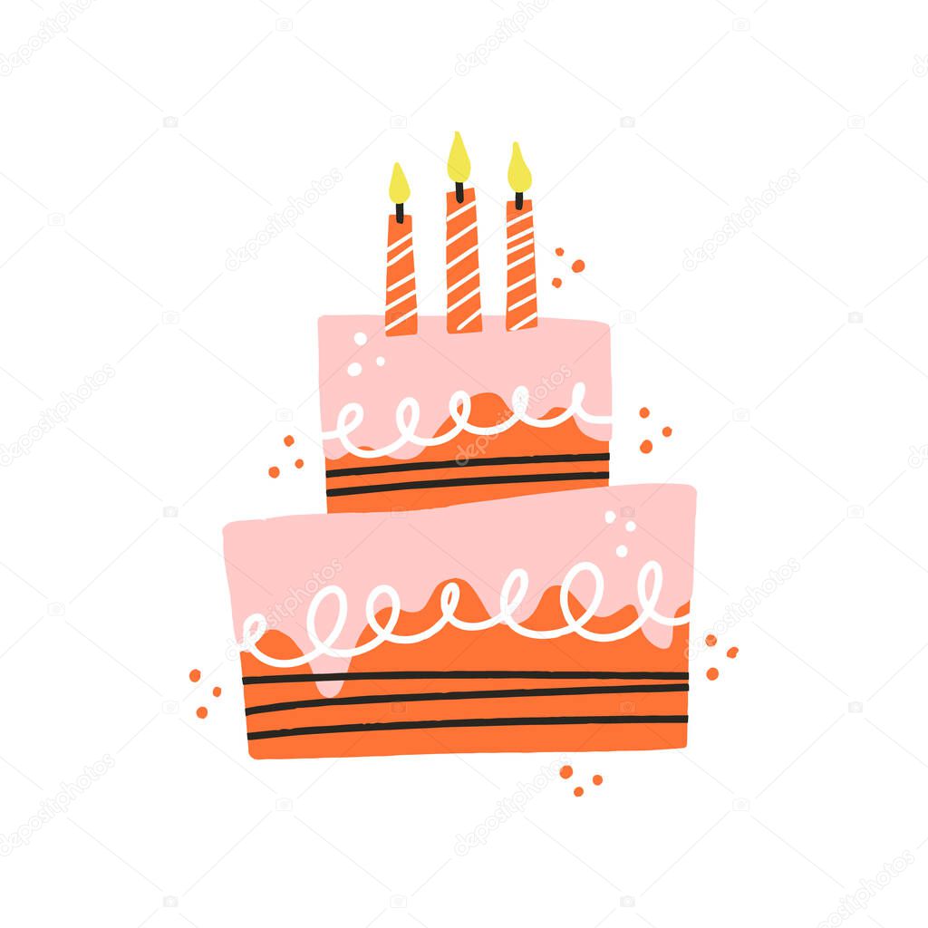 Birthday cake with candles. HAnd drawn vector illustration for card, banner