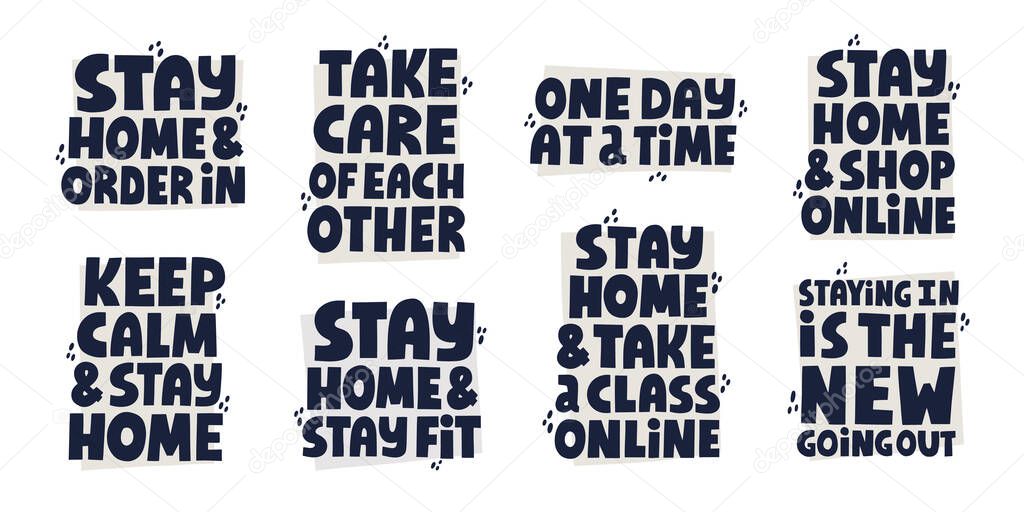 Set of different quotes about self isolation activities. Hand drawn vector lettering for social media, banner.
