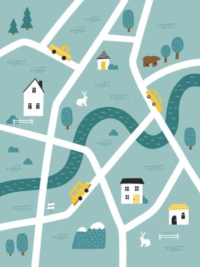 Yolları, evleri, arabaları ve nehri olan sevimli çocuklar. El çizimi vektör çizimi. Çocuk odası, poster, halı, kitap için çizgi film kavramı