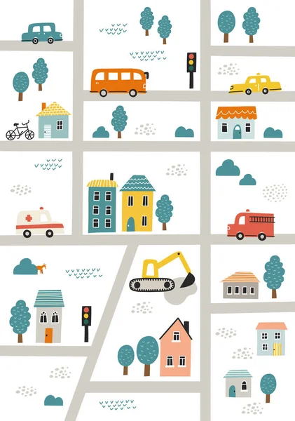 手描きベクトルイラスト 保育園の壁紙 ポスター 寝具のための道路や家とかわいい町の地図 — ストックベクタ