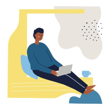 Pencerede oturan bir adam dizüstü bilgisayarda çalışıyor. Serbest çalışmak, ev kavramından çalışmak. El çizimi düz vektör çizimi.