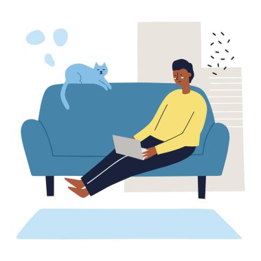 Kanepede oturan bir adam dizüstü bilgisayarla çalışıyor. Yanında yatan kedi. Serbest çalışmak, ev kavramından çalışmak. El çizimi düz vektör çizimi.