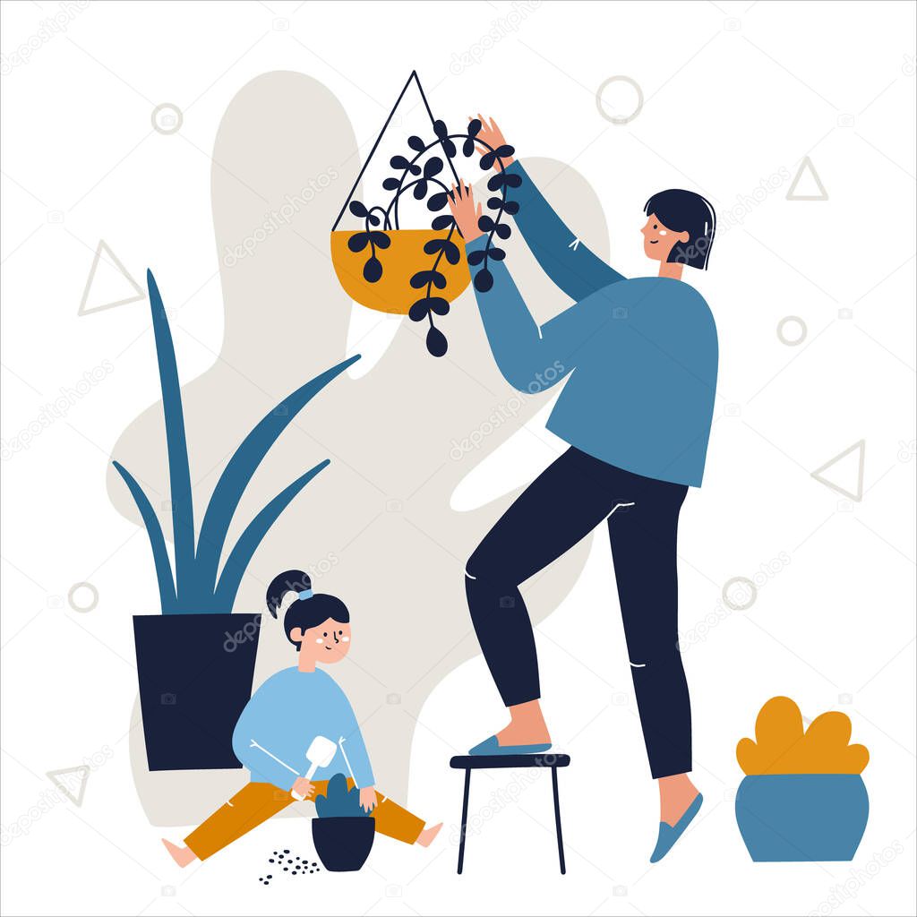 Mother and daughter taking care of there house plants together. Stay home family activities concept. Hand drawn abstract vector illustration. 