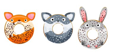 Tatlı tozlu hayvanlar tilki, kurt, çörekler vektör illüstrayı oluşturur.