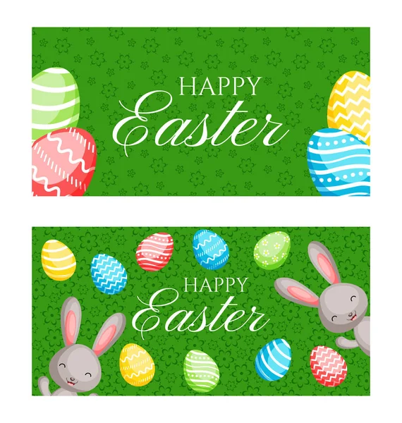 Zestaw Happy Easter powitalne banery z kolorowymi króliczkami i — Wektor stockowy