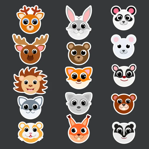 Funny cute forest animals head stickers. Cartoon characters. Fla — 스톡 벡터