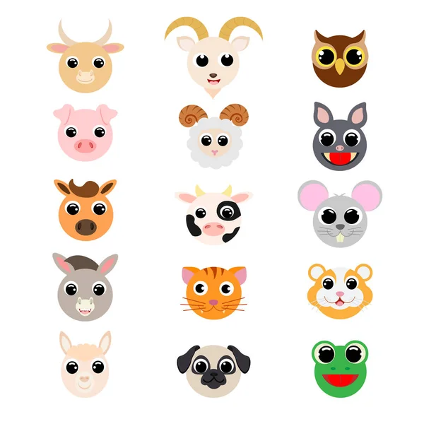 Engraçado animais domésticos bonitos cabeças. Personagens de desenhos animados. Vecto plano — Vetor de Stock