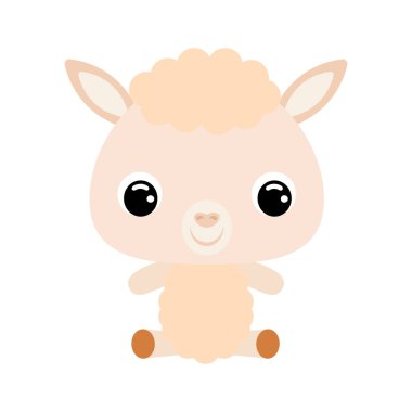 Oturan şirin alpaka. Evcil hayvan. Bebek baskısı tasarımı için çizgi film karakteri, çocuklar giyer, bebek partisi kutlaması, selamlama, davetiye kartı. Beyaz arkaplanda düz vektör stok illüstrasyonu