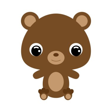 Oturan sevimli bir ayı. Orman hayvanı. Bebek baskısı tasarımı için çizgi film karakteri, çocuklar giyer, bebek partisi kutlaması, selamlama ve davetiye kartı. Beyaz arkaplanda düz vektör stok illüstrasyonu