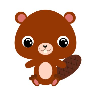 Oturan sevimli kunduz. Orman hayvanı. Bebek baskısı tasarımı için çizgi film karakteri, çocuklar giyer, bebek partisi kutlaması, selamlama ve davetiye kartı. Beyaz arkaplanda düz vektör stok illüstrasyonu