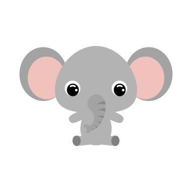 Oturan şirin bir fil. Afrika hayvanı. Bebek baskısı tasarımı için çizgi film karakteri, çocuklar giyer, bebek partisi kutlaması, selamlama, davetiye kartı. Beyaz arkaplanda düz vektör stok illüstrasyonu