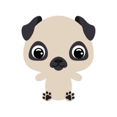 Oturan şirin köpek. Evcil hayvan. Bebek baskısı tasarımı için çizgi film karakteri, çocuklar giyer, bebek partisi kutlaması, selamlama ve davetiye kartı. Beyaz arkaplanda düz vektör stok illüstrasyonu