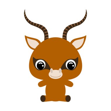 Oturan şirin ceylan. Afrika hayvanı. Bebek baskısı tasarımı için çizgi film karakteri, çocuklar giyer, bebek partisi kutlaması, selamlama, davetiye kartı. Beyaz arkaplanda düz vektör stok illüstrasyonu