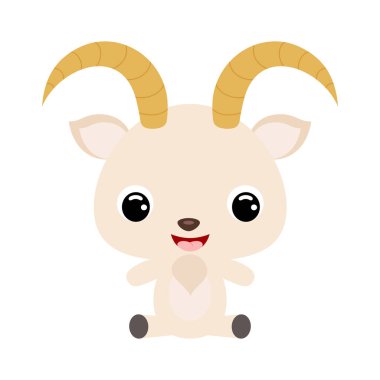 Oturan sevimli keçi. Evcil hayvan. Bebek baskısı tasarımı için çizgi film karakteri, çocuklar giyer, bebek partisi kutlaması, selamlama ve davetiye kartı. Beyaz arkaplanda düz vektör stok illüstrasyonu