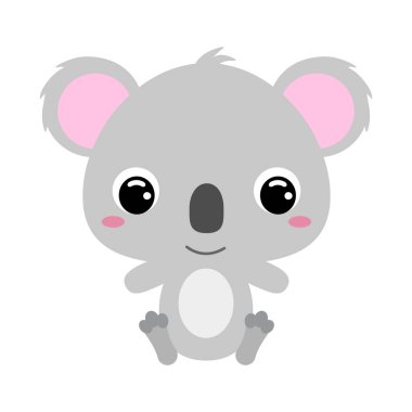 Oturan sevimli koala. Bebek baskısı tasarımı için çizgi film karakteri, çocuklar giyer, bebek partisi kutlaması, selamlama ve davetiye kartı. Beyaz arkaplanda düz vektör stok illüstrasyonu