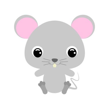 Oturan şirin fare. Bebek baskısı tasarımı için çizgi film karakteri, çocuklar giyer, bebek partisi kutlaması, selamlama ve davetiye kartı. Beyaz arkaplanda düz vektör stok illüstrasyonu