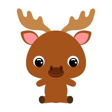 Oturan şirin bir geyik. Orman hayvanı. Bebek baskısı tasarımı için çizgi film karakteri, çocuklar giyer, bebek partisi kutlaması, selamlama ve davetiye kartı. Beyaz arkaplanda düz vektör stok illüstrasyonu