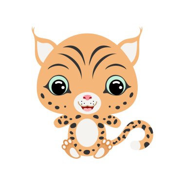 Oturan şirin vaşak. Vahşi hayvan. Bebek baskısı tasarımı için çizgi film karakteri, çocuklar giyer, bebek partisi kutlaması, selamlama ve davetiye kartı. Beyaz arkaplanda düz vektör stok illüstrasyonu