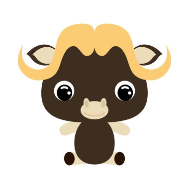 Oturan şirin misk öküzü. Vahşi hayvan. Bebek baskısı tasarımı için çizgi film karakteri, çocuklar giyer, bebek partisi kutlaması, selamlama ve davetiye kartı. Beyaz arkaplanda düz vektör stok illüstrasyonu