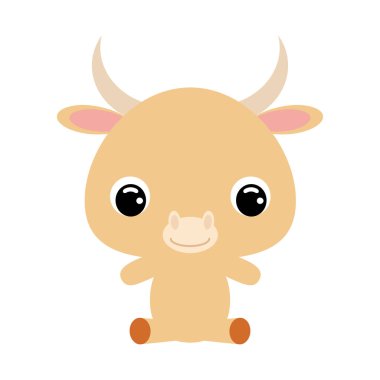 Şirin bir öküz. Evcil hayvan. Bebek baskısı tasarımı için çizgi film karakteri, çocuklar giyer, bebek partisi kutlaması, selamlama ve davetiye kartı. Beyaz arkaplanda düz vektör stok illüstrasyonu