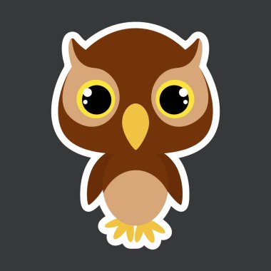 Sevimli baykuşun çocuk çıkartması. Bebek baskısı tasarımı için çizgi film karakteri, çocuklar giyer, bebek partisi kutlaması, selamlama ve davetiye kartı. Düz vektör stok illüstrasyonu