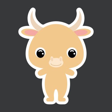 Küçük şirin öküzün çocuk çıkartması. Vahşi hayvan. Bebek baskısı tasarımı için çizgi film karakteri, çocuklar giyer, bebek partisi kutlaması, selamlama ve davetiye kartı. Düz vektör stok illüstrasyonu