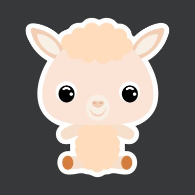 Oturan alpaka çocuk çıkartması. Evcil hayvan. Bebek baskısı tasarımı için çizgi film karakteri, çocuklar giyer, bebek partisi kutlaması, selamlama, davetiye kartı. Düz vektör stok illüstrasyonu