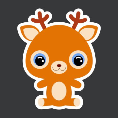 Oturan şirin geyiklerin çocuk çıkartması. Orman hayvanı. Bebek baskısı tasarımı için çizgi film karakteri, çocuklar giyer, bebek partisi kutlaması, selamlama, davetiye kartı. Düz vektör stok illüstrasyonu