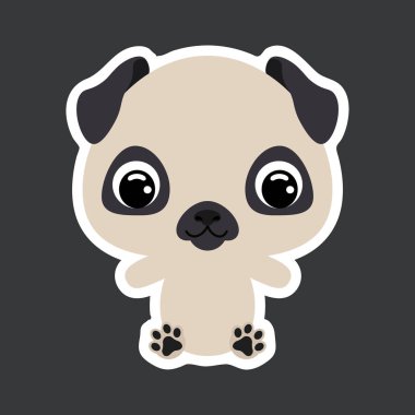 Oturan şirin köpek çıkartması. Evcil hayvan. Bebek baskısı tasarımı için çizgi film karakteri, çocuklar giyer, bebek partisi kutlaması, selamlama, davetiye kartı. Düz vektör stok illüstrasyonu