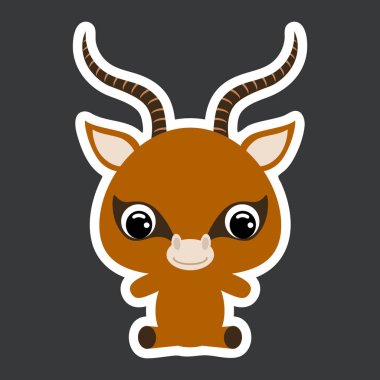 Oturan ceylanın çocuk çıkartması. Afrika hayvanı. Bebek baskısı tasarımı için çizgi film karakteri, çocuklar giyer, bebek partisi kutlaması, selamlama, davetiye kartı. Düz vektör stok illüstrasyonu