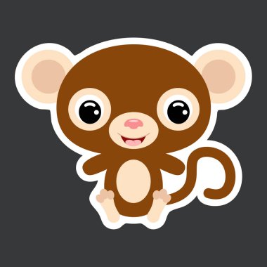 Oturan şirin maymunun çocuk çıkartması. Afrika hayvanı. Bebek baskısı tasarımı için çizgi film karakteri, çocuklar giyer, bebek partisi kutlaması, selamlama, davetiye kartı. Düz vektör stok illüstrasyonu