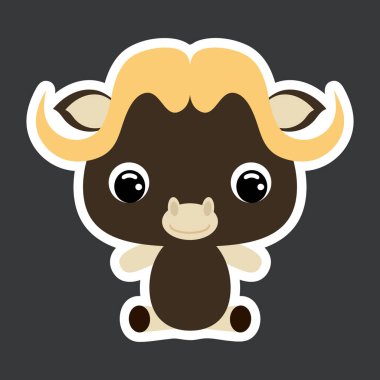 Oturan şirin misk öküzünün çocuk çıkartması. Bebek baskısı tasarımı için çizgi film karakteri, çocuklar giyer, bebek partisi kutlaması, selamlama ve davetiye kartı. Düz vektör stok illüstrasyonu