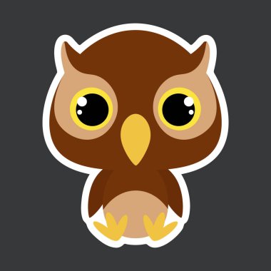 Oturan baykuşların çocuk çıkartması. Orman hayvanı. Bebek baskısı tasarımı için çizgi film karakteri, çocuklar giyer, bebek partisi kutlaması, selamlama ve davetiye kartı. Düz vektör stok illüstrasyonu