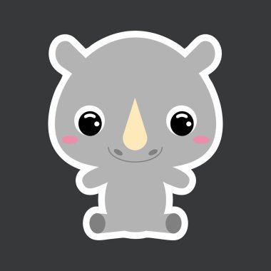 Oturan şirin gergedanın çocuk çıkartması. Afrika hayvanı. Bebek baskısı tasarımı için çizgi film karakteri, çocuklar giyer, bebek partisi kutlaması, selamlama, davetiye kartı. Düz vektör stok illüstrasyonu